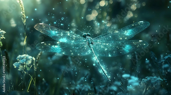 Obraz Pretty dragonfly with teal and silver sparkle effects, captured in nature