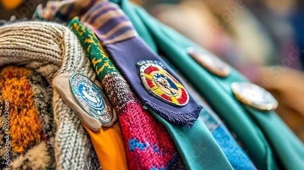 Fototapeta Colorful scarves and badges displayed together, showcasing various designs and textures.