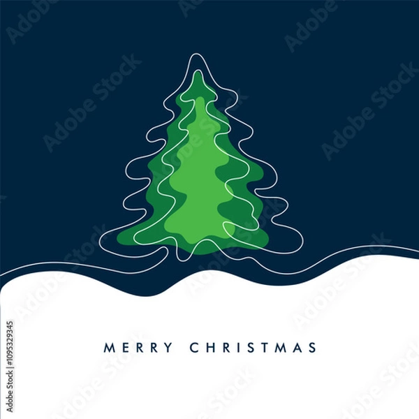 Obraz merry christmas card with abstract christmas tree in line art style, one continuous line isolated on blue background, modern minimalistic design for greeting cards,poster,banner,invitation,prints
