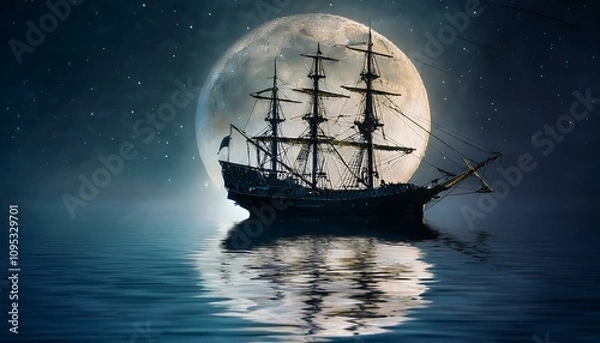 Fototapeta 칠흙같은 바다 위를 항해하는 해적선