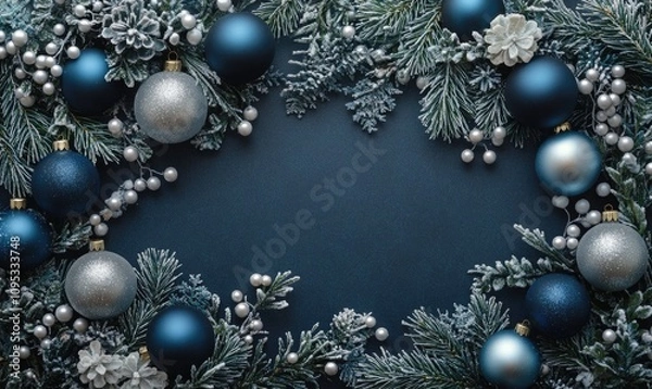 Obraz A blue background with a bunch of Christmas ornaments