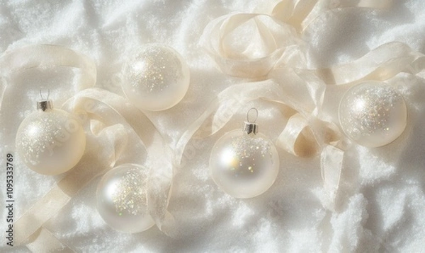 Fototapeta A bunch of white Christmas ornaments are on a white background