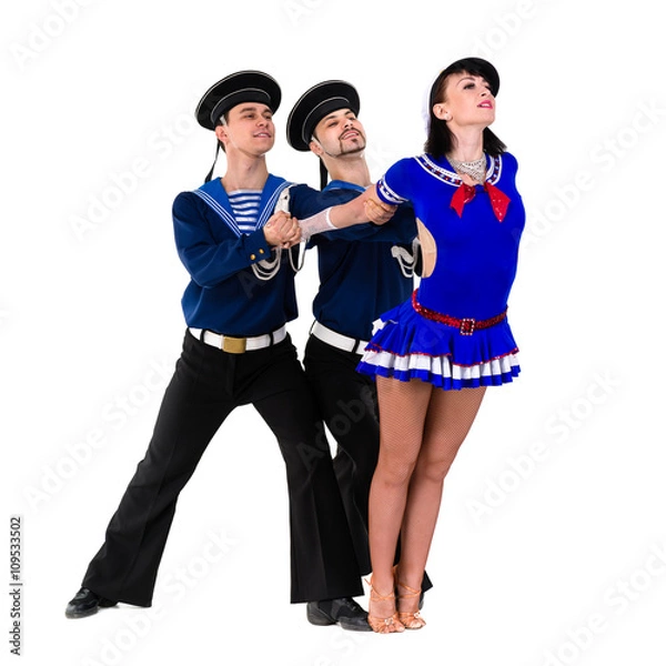 Obraz dancer team dressed as a sailors posing on an isolated white background