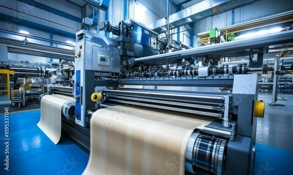 Obraz Industrial machine processing large beige roll.