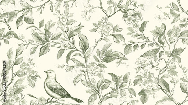 Obraz A bird is perched on a branch in a green and white floral pattern