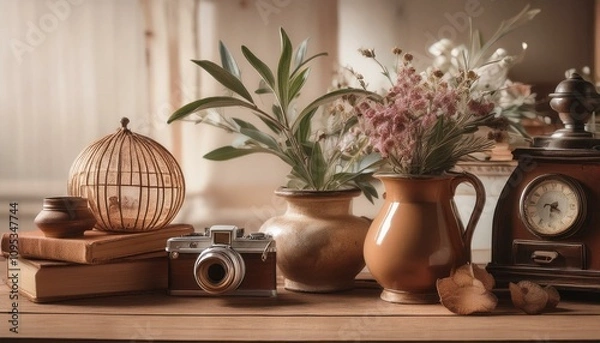 Fototapeta Vintage camera sits on a table with flowers and antique clock.