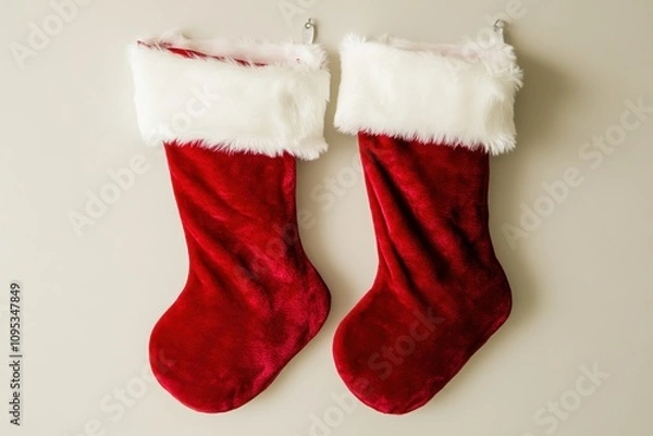 Fototapeta Red Velvet Christmas Stockings with White Fur Trim