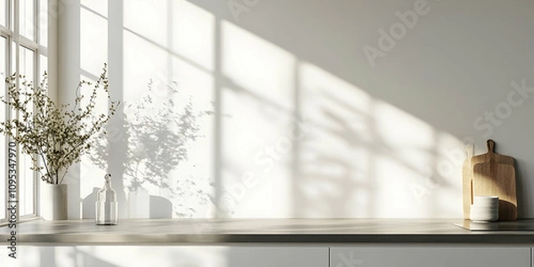 Obraz White kitchen interior with empty tabletop and sunlight casting shadows on wall perfect for photography. high quality image