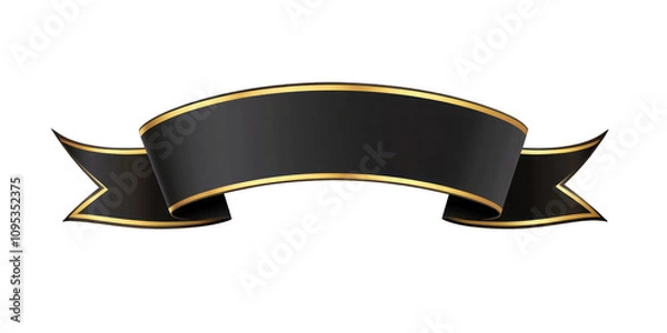 Obraz Elegant black ribbon banner with gold trim, isolated on black background.