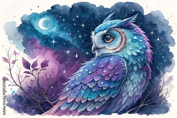 Fototapeta watercolor owl with vivid blue and purple feathers, generative ai, ai generated