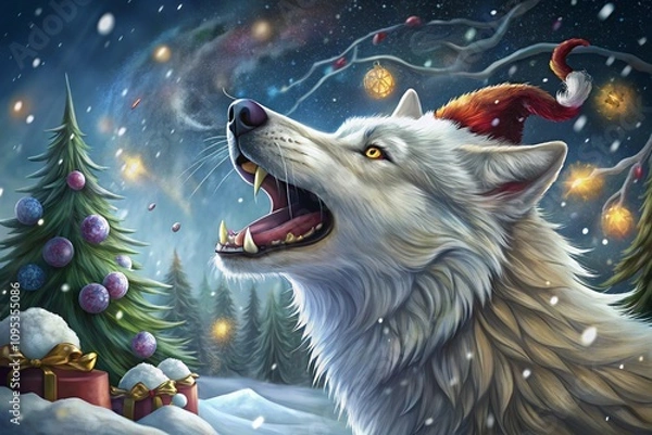 Obraz wolf with silver fur in christmas decoration, generative ai, ai generated