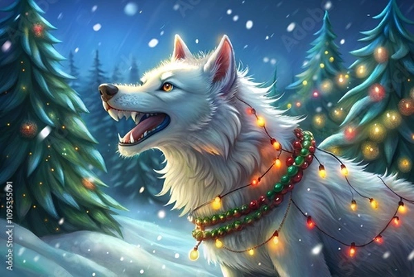 Obraz wolf with silver fur in christmas decoration, generative ai, ai generated