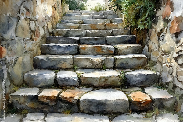 Obraz A painting of a stone staircase with a view of the sky. The painting is in watercolor and has a serene and peaceful mood