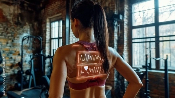 Fototapeta Female athlete working out at a gym with heart rate monitors on a futuristic digital screen. Digital sport concept