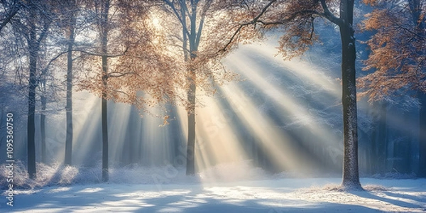 Obraz Panoramic winter forest with sunlight streaming through snow-dusted trees. high quality
