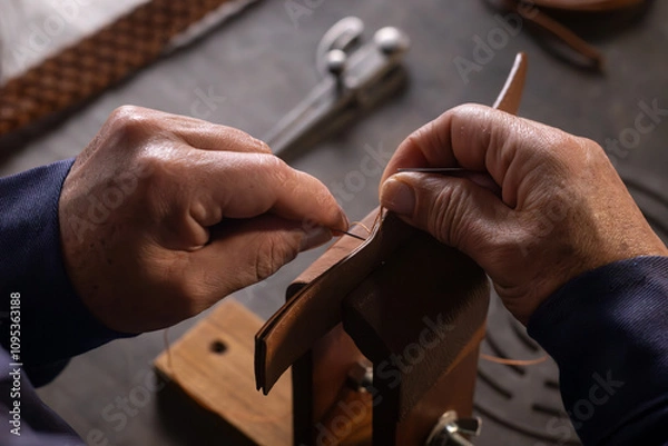 Obraz craftsman sewing leather by hand