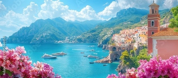 Obraz Stunning panoramic view of the Amalfi Coast featuring boats and vibrant cliffs.