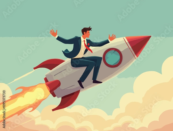 Fototapeta A man wearing a suit and tie is riding a rocket to do business or something successful. illustration