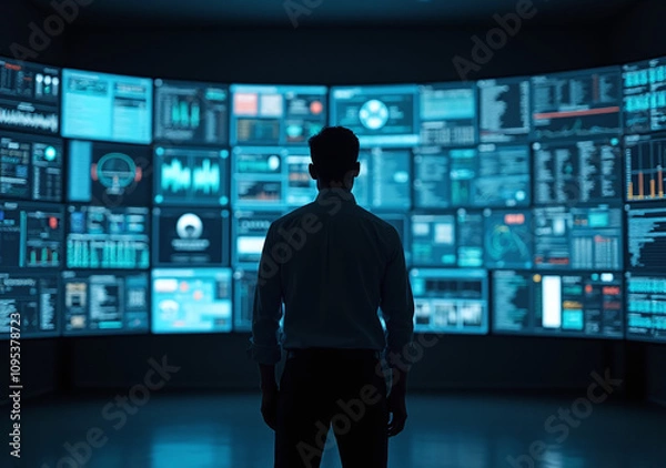 Fototapeta man stands front screens displaying vast amount data information