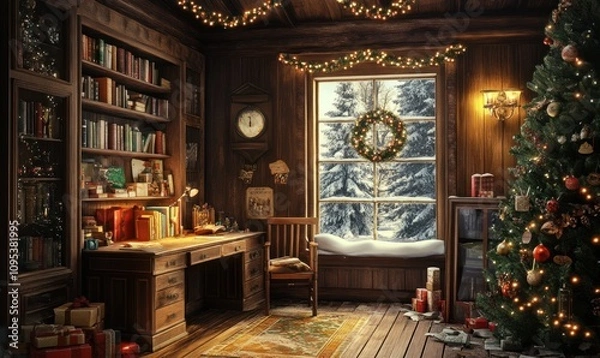 Fototapeta A Cozy Christmas Study With Books And A Decorated Tree