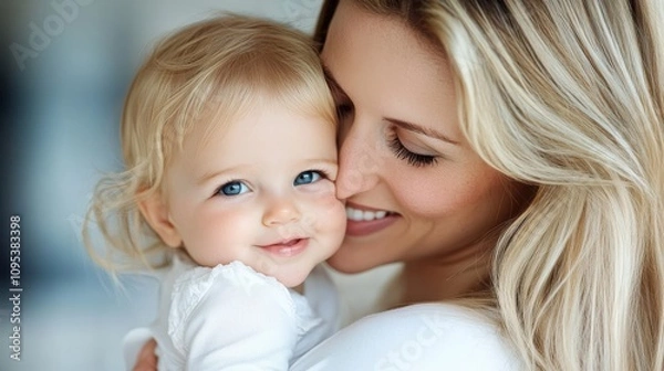 Fototapeta A beautiful mother cradles her baby lovingly, creating a tender and intimate moment, highlighted by the baby's blue eyes and the mother's warm expression.