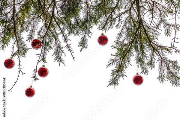 Fototapeta Red ornaments hang from pine branches against white background
