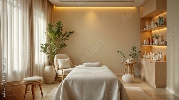 Fototapeta An empty spa massage room with a massage table, chair, and shelf of beauty products. Soft, warm lighting, soothing walls, and a window with light curtains create a relaxing atmosphere.