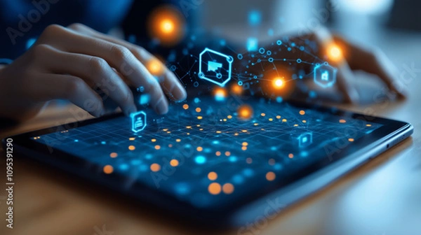 Fototapeta A professional team collaborating over a tablet, with floating icons symbolizing data sharing and project planning