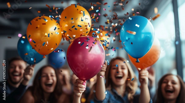 Obraz A vibrant office atmosphere with employees celebrating the completion of a successful campaign
