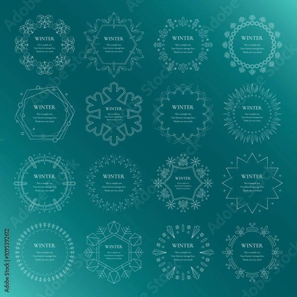 Fototapeta 雪の結晶と光をモチーフにした冬の飾り枠。高級感のある囲みのデザイン