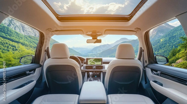 Fototapeta Modern car interior with panoramic windows overlooking green mountain range
