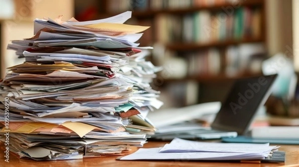 Fototapeta A large stack of papers sits on a wooden desk