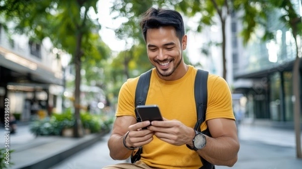 Fototapeta A young man in a yellow shirt and backpack joyfully checks his phone while sitting in a vibrant urban setting, expressing connectivity and contentment in a modern lifestyle.