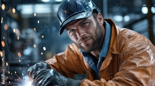 Obraz An industrious man in a helmet works meticulously in a workshop, surrounded by bright sparks, dressed in a protective orange jacket and gloves for safety.