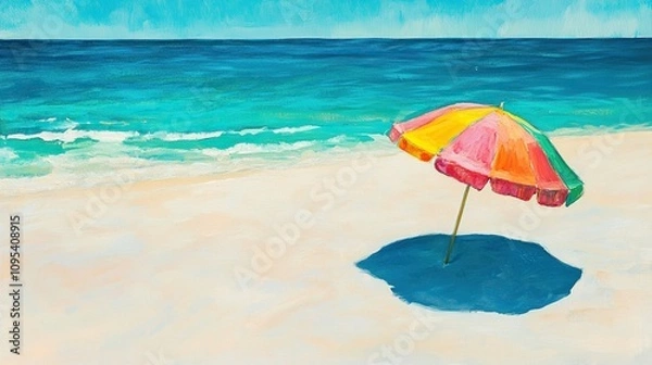 Fototapeta A colorful beach scene. a colorful umbrella sits on a light