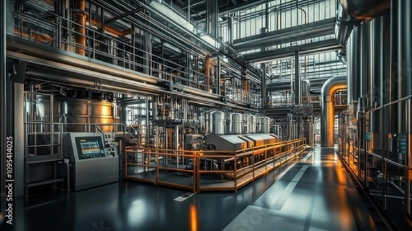 Obraz Industrial facility with machinery and pipelines, showcasing a complex production environment.