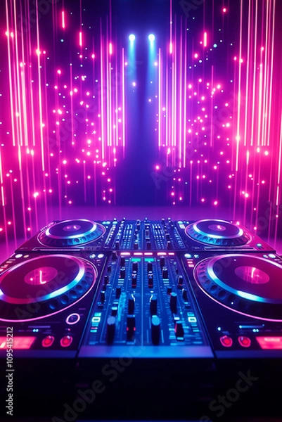 Fototapeta Turntables with neon background, club or disco poster