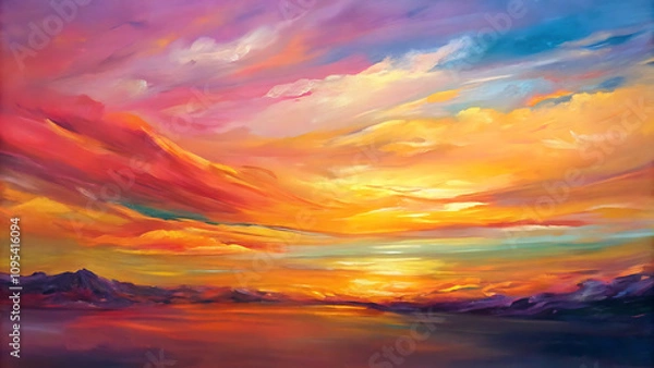 Obraz Sunset Horizon: Abstract brushstrokes mimicking a vibrant sunset, blending warm orange, pink, and yellow tones with soft gradients.
