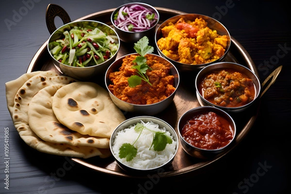 Fototapeta A variety of dishes with spices of Indian cuisine on the table