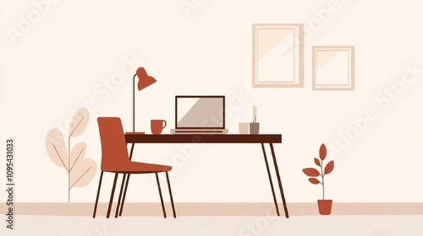 Fototapeta A simple home office scene. A desk with a laptop