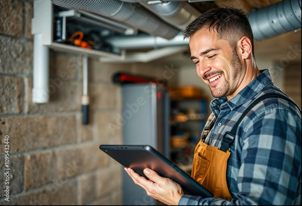 Fototapeta Happy homeowner plumber, HVAC technician, man using a mobile phone in a basement by water heater, burner, duct work. DIY repair or install, happy with work done, quote