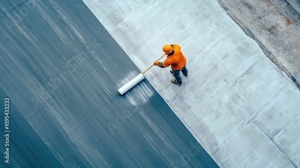 Obraz Aerial View of a Construction Worker Applying Waterproofing Membrane on a Rooftop