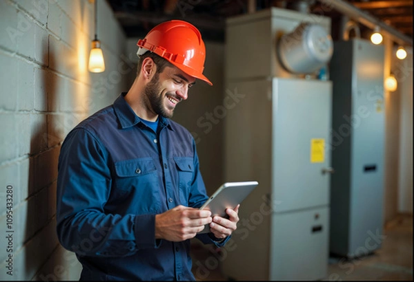 Fototapeta Happy homeowner plumber, HVAC technician, man using a mobile phone in a basement by water heater, burner, duct work. DIY repair or install, happy with work done, quote