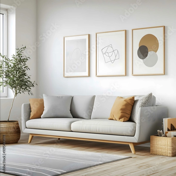 Obraz Simple and stylish wooden leg sofa in light grey fabric elegant design sofa on the left side of the room Natural light through the Windows illuminates the room and crea