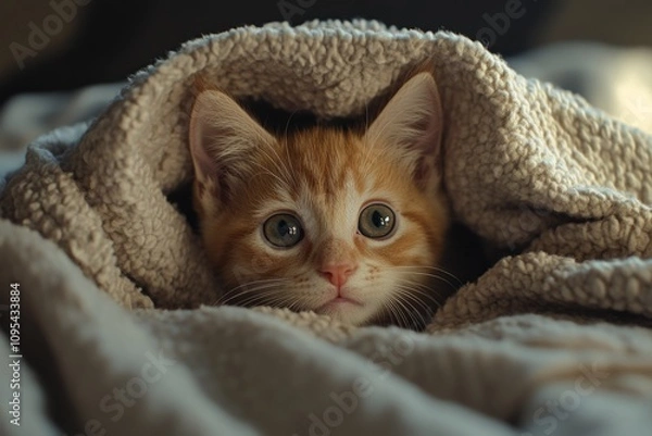 Fototapeta Adorable ginger kitten peeking out from a soft blanket, enjoying comfort and warmth