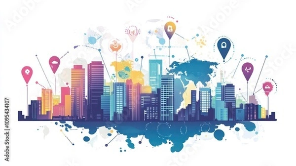 Fototapeta Global Network Cityscape: A vibrant illustration of a connected metropolis reflecting global interconnectivity through technology and data exchange.