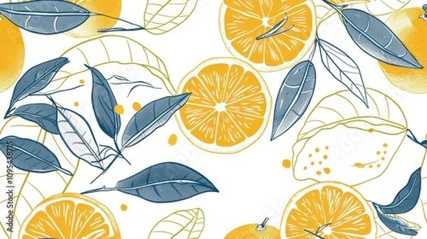 Obraz Seamless Citrus and Leaf Pattern - Modern Botanical Illustration