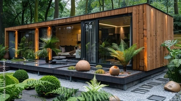 Obraz Modern wooden cabin surrounded by lush greenery and decorative landscaping.