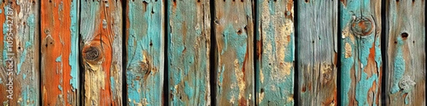 Fototapeta An up-close shot of a rustic wooden fence, with intricate patterns and peeling paint.