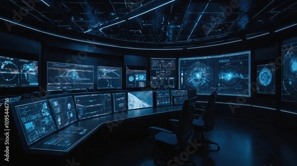 Obraz Futuristic Control Room with Monitors and Tech Interface